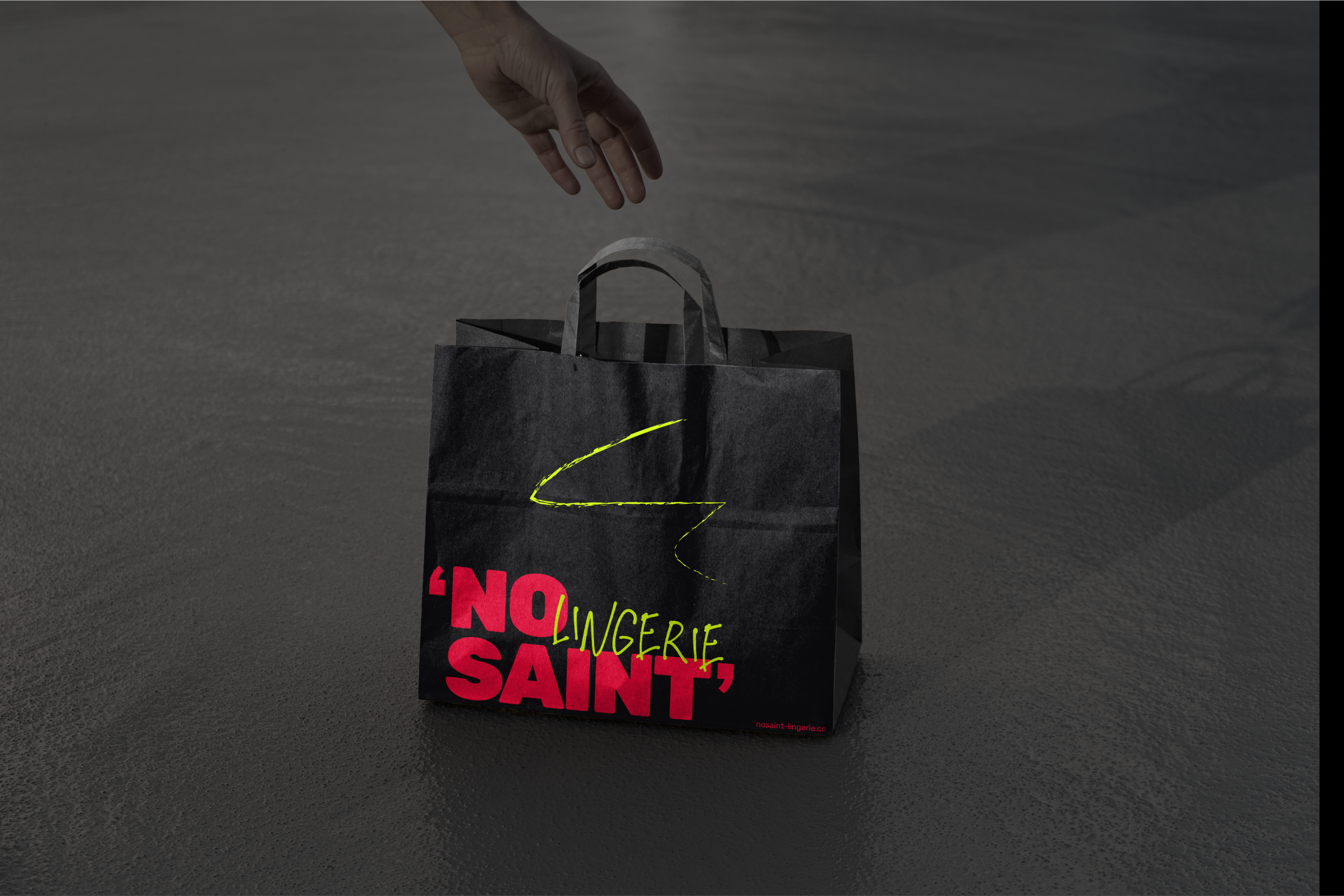No Saint lingerie store paper bag packaging design by Miriam Melnikova
