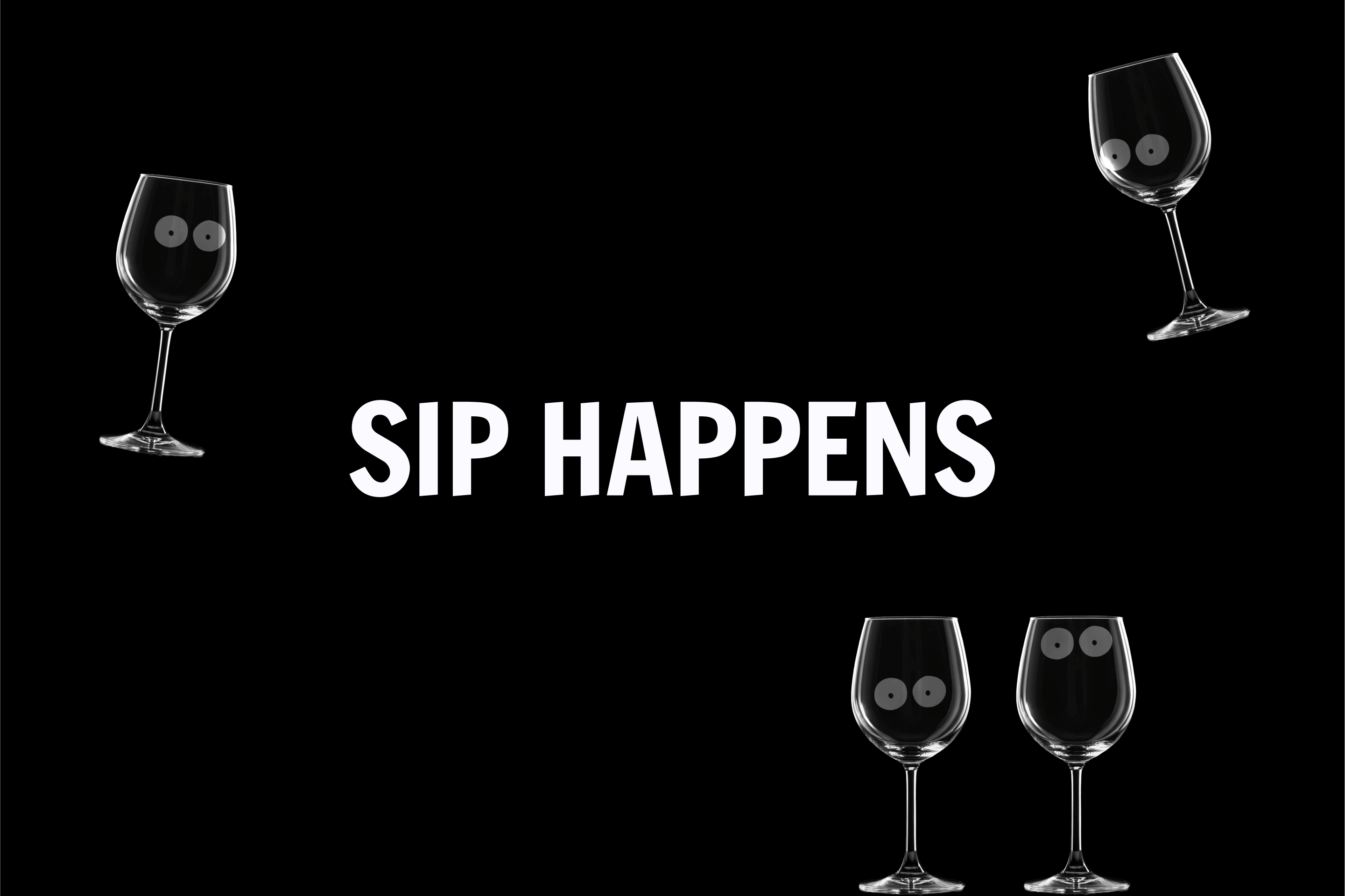 Miriam Melnikova's project — an indie wine shop and bar Sip Happens logotype and branding, black on white, cat mascot illustrations