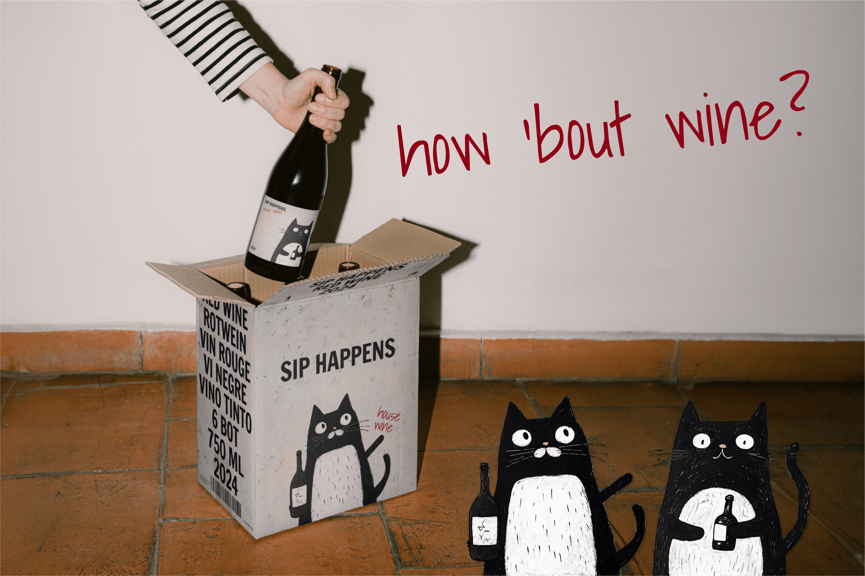 Wine shop and bar Sip Happens bottle cardboard packaging design by Miriam Melnikova