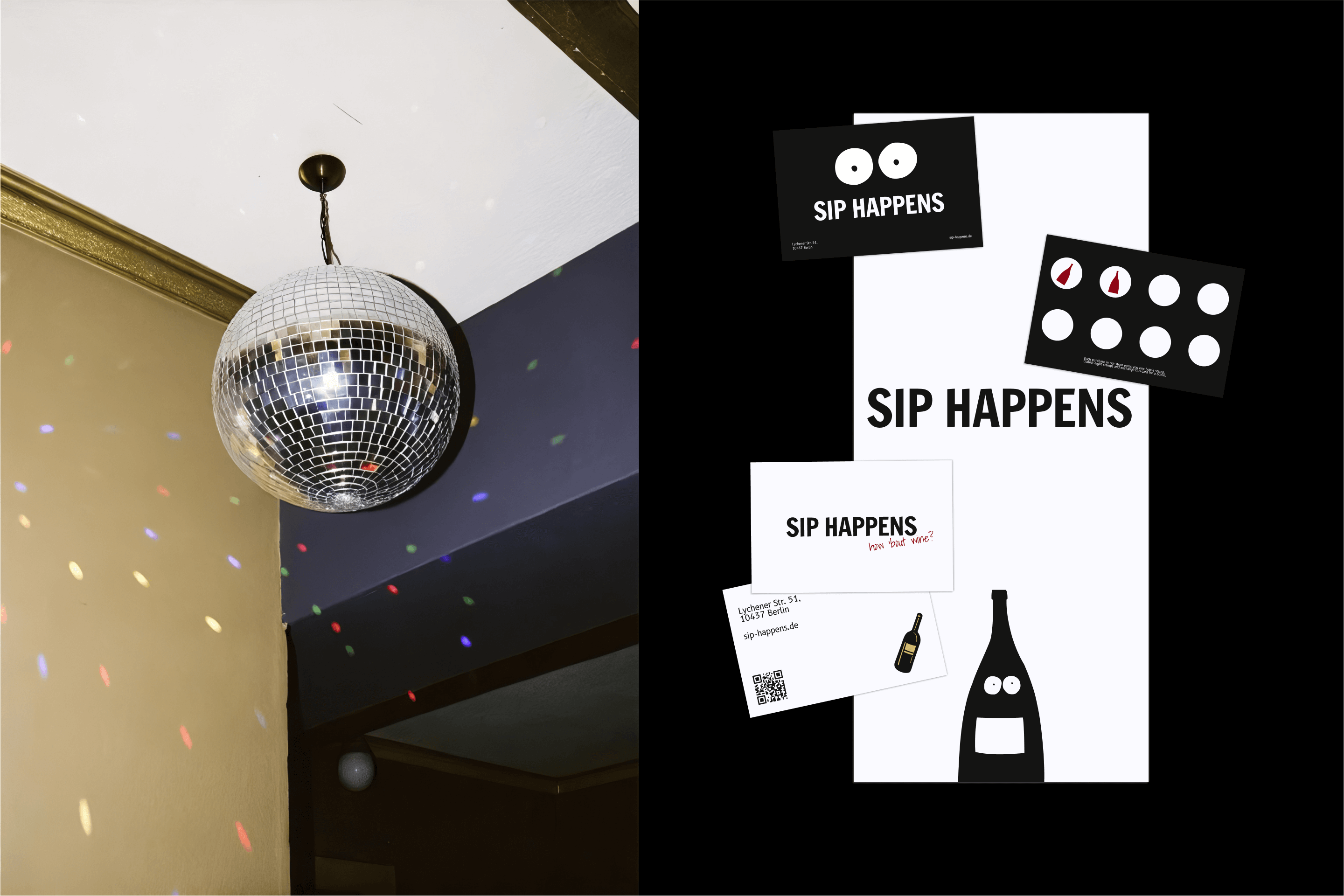 Wine shop and bar Sip Happens menu and stickers design by Miriam Melnikova