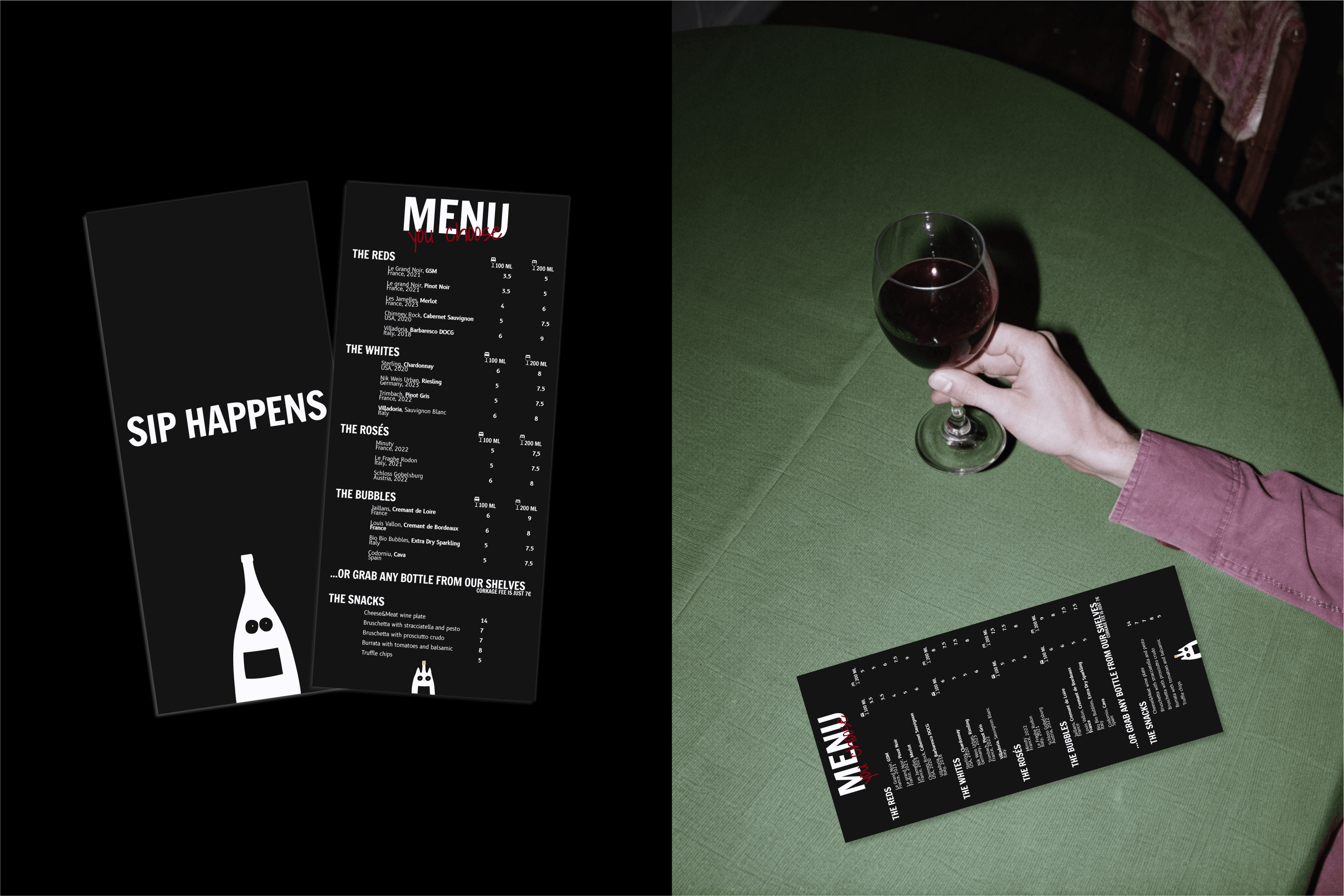 Wine shop and bar Sip Happens menu design by Miriam Melnikova