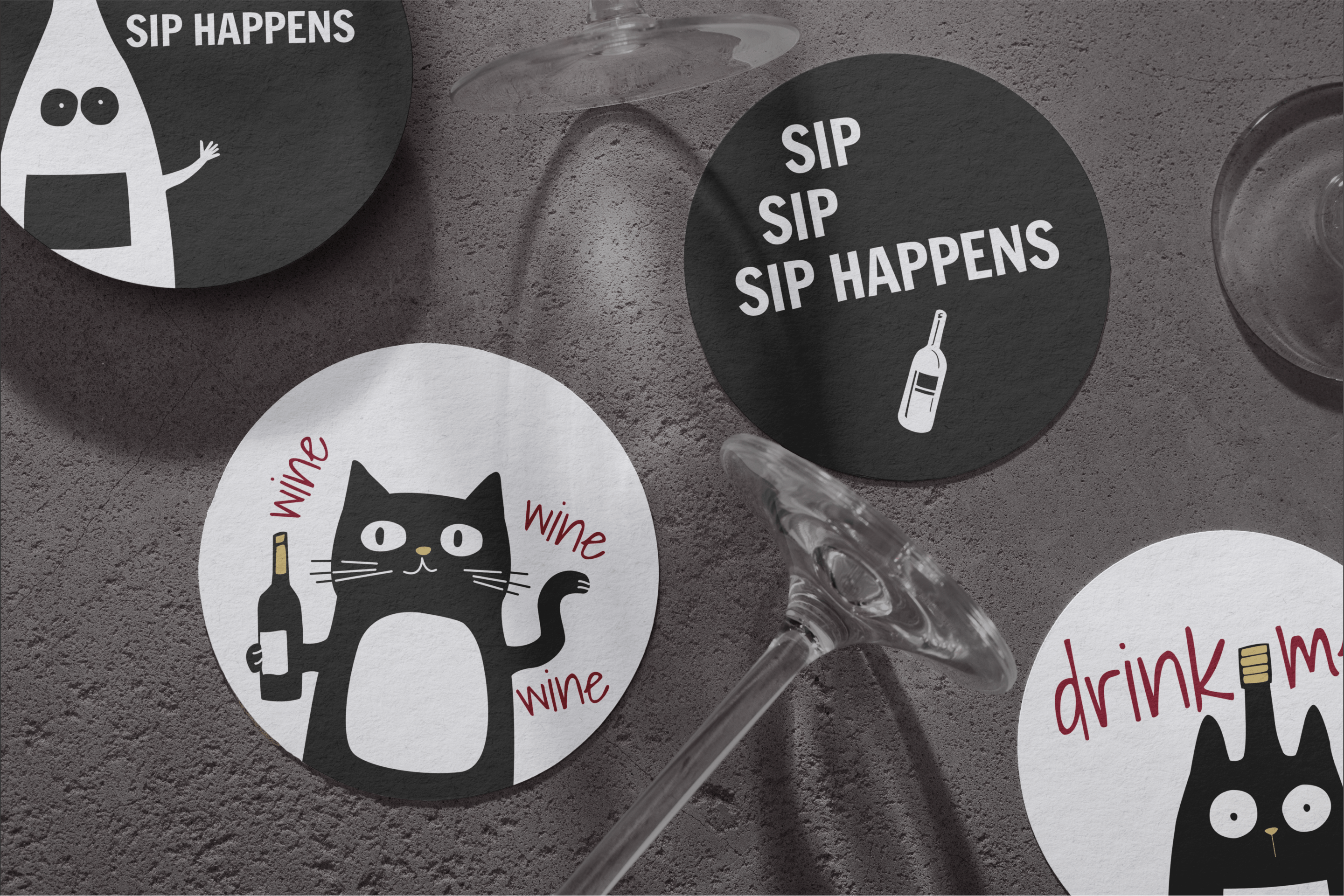 Wine shop and bar Sip Happens stickers design by Miriam Melnikova