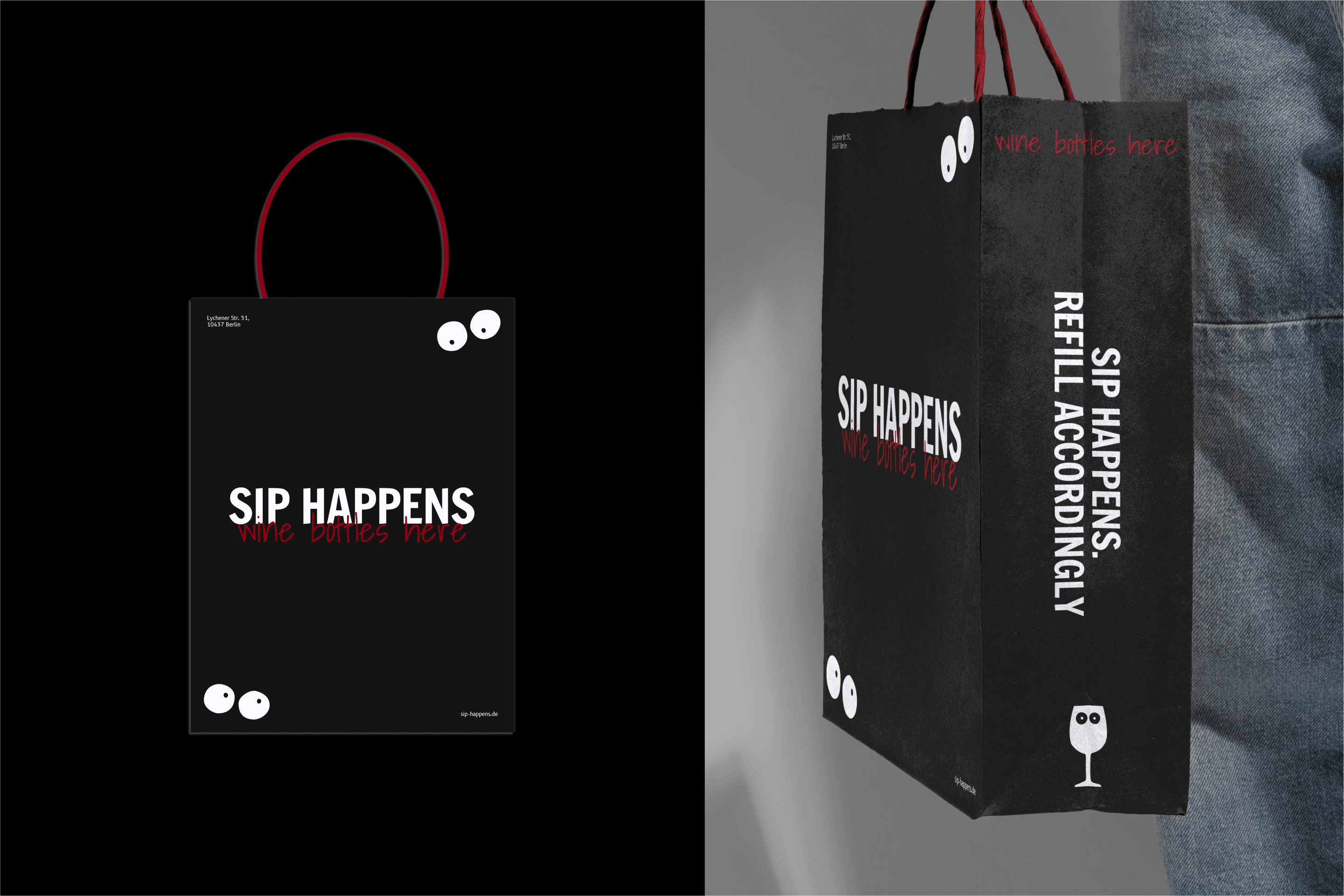 Wine shop and bar Sip Happens paper bag design by Miriam Melnikova