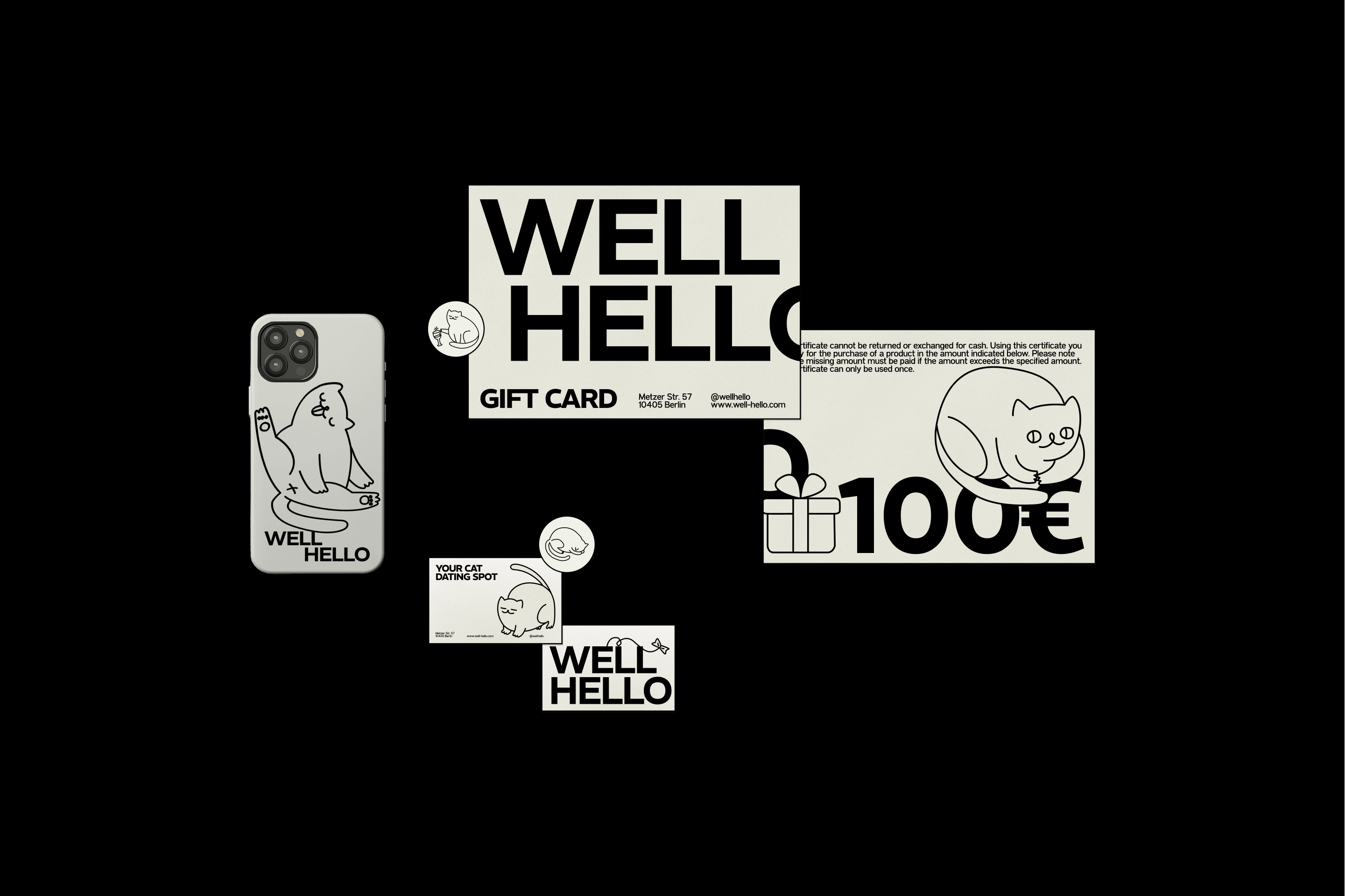 cat shelter well hello merchandise polygraph design: a phone case, a gift card, calling cards, stickers - design by Miriam Melnikova